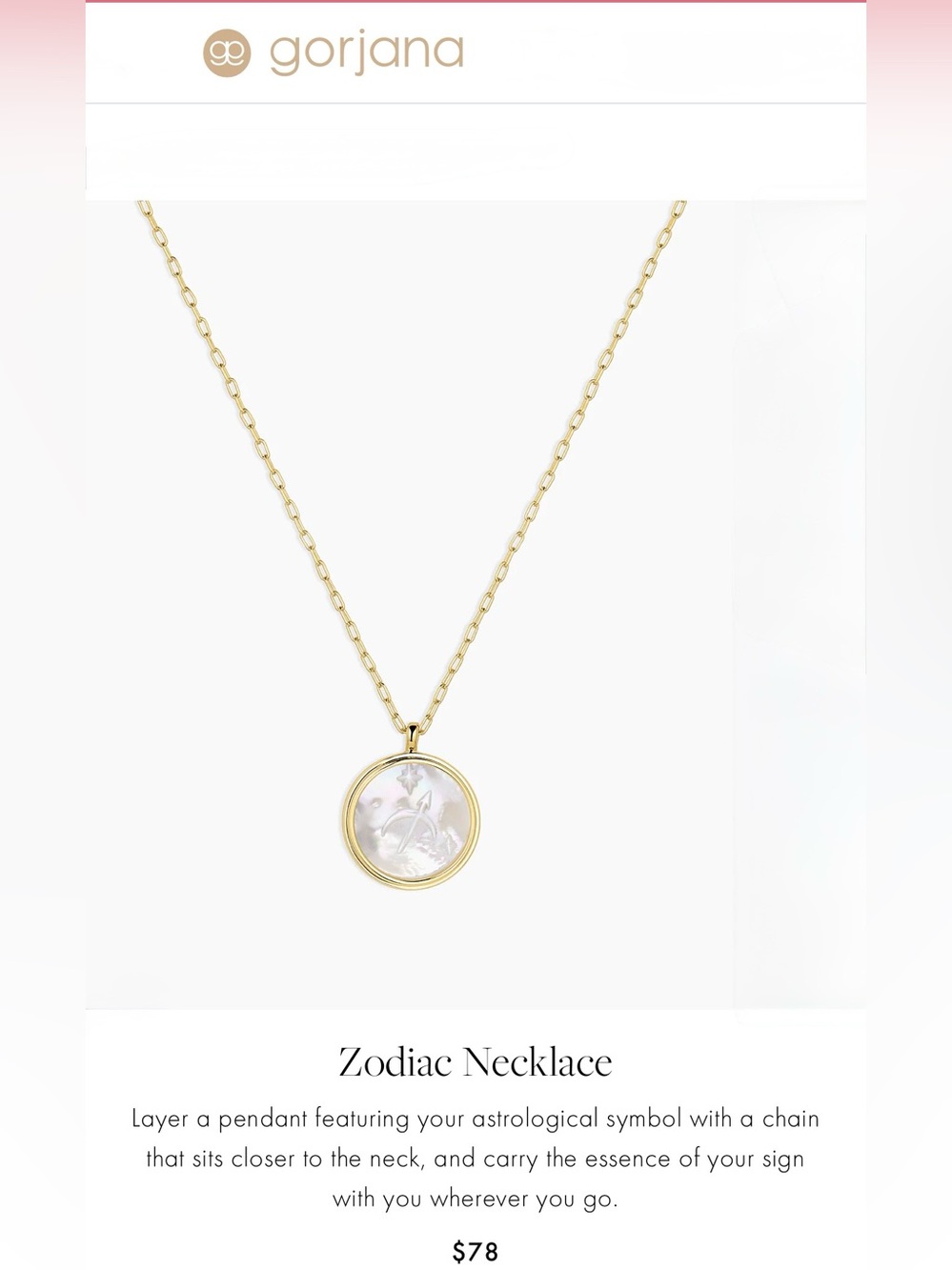 Gorjana Gold Plated Mother of Pearl Zodiac Necklace- Sagittarius